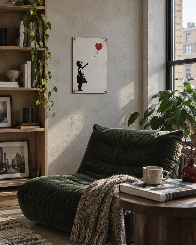 Concept-sfeerimpressie: Banksy-geïnspireerd emaillebord in een creatieve loft