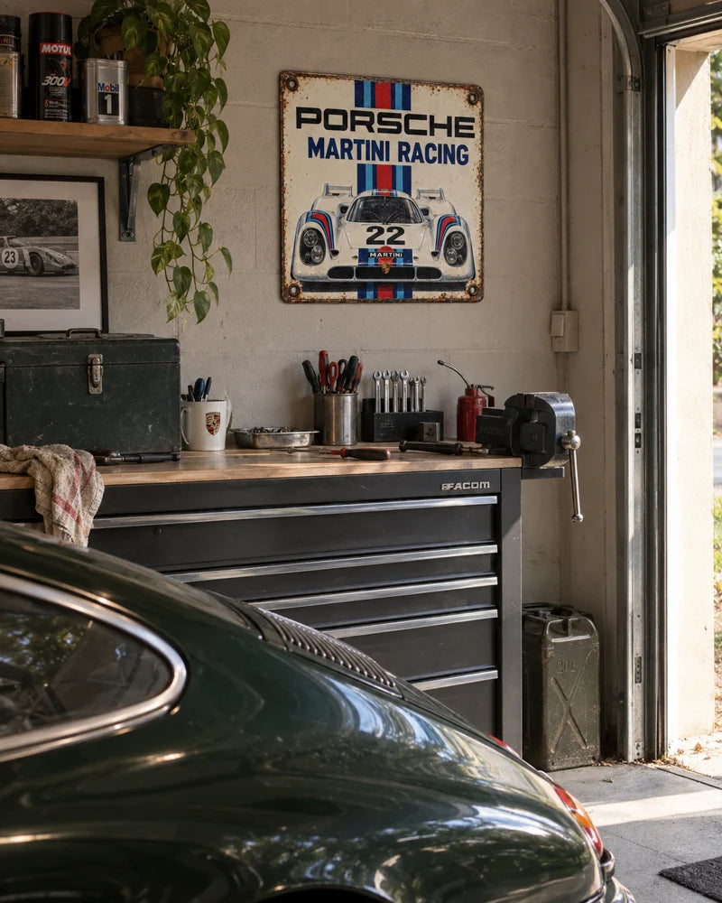 Sfeerimpressie: Porsche Martini Racing-emaillebord in een garage