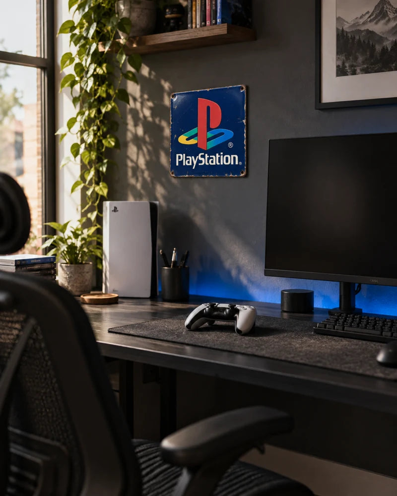 Gegenereerde sfeerimpressie: PlayStation-emaillebord bij een moderne gaming-setup
