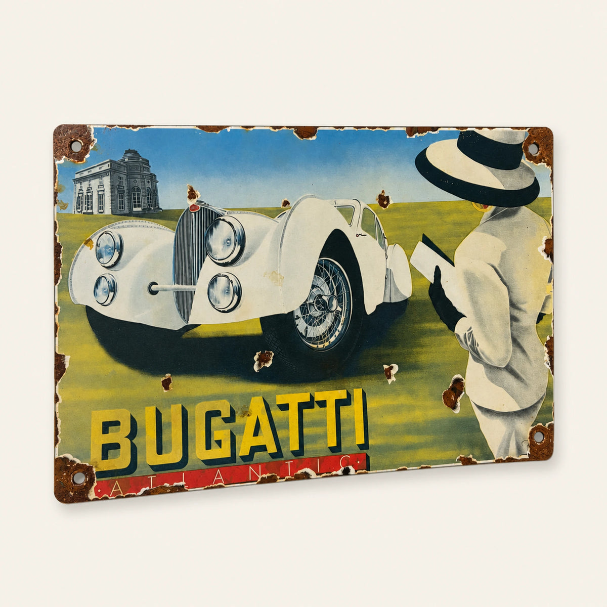 Rectangular Bugatti Atlantique enamel sign, front view