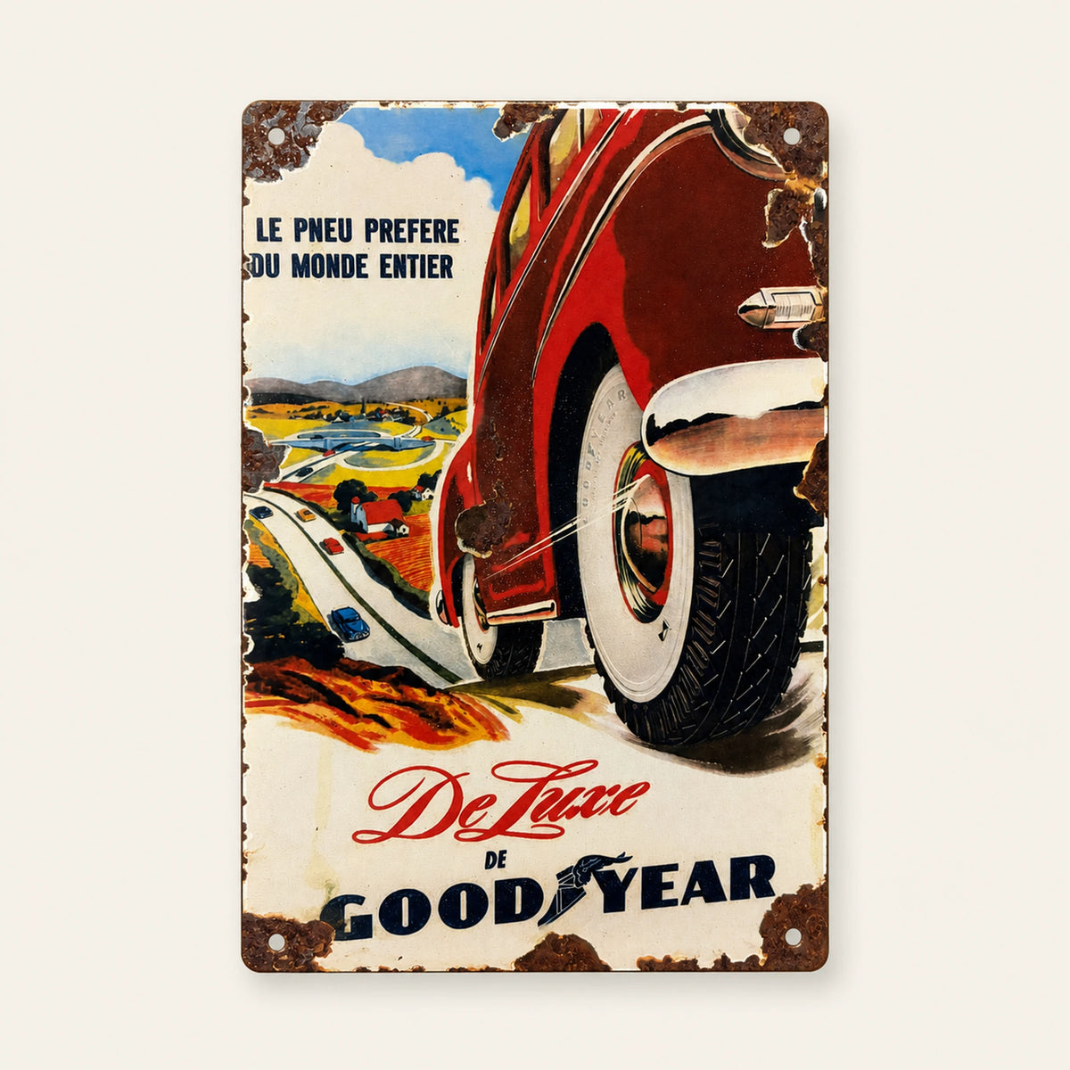 Rectangular Goodyear De Luxe Tyres enamel sign, front view