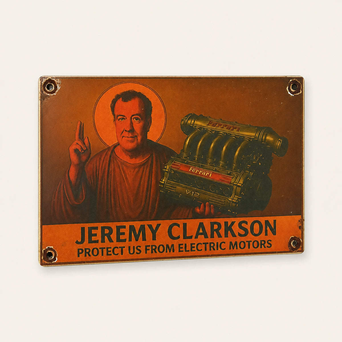 Rectangular Jeremy Clarkson Electric Motors enamel sign, front view
