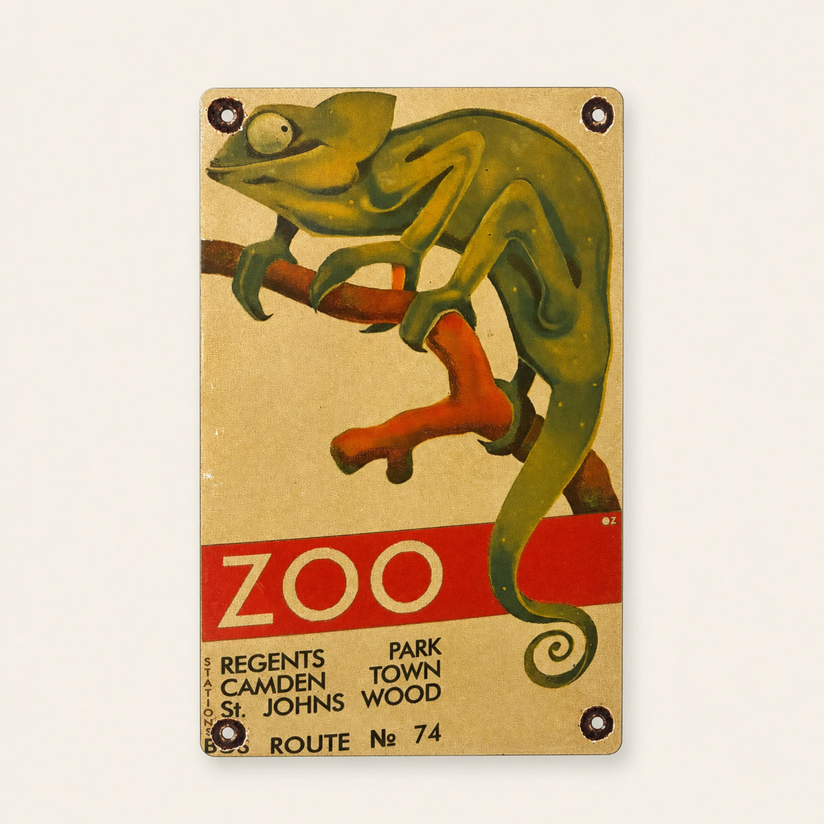 Cartel esmaltado rectangular London Zoo Camaleón, vista frontal