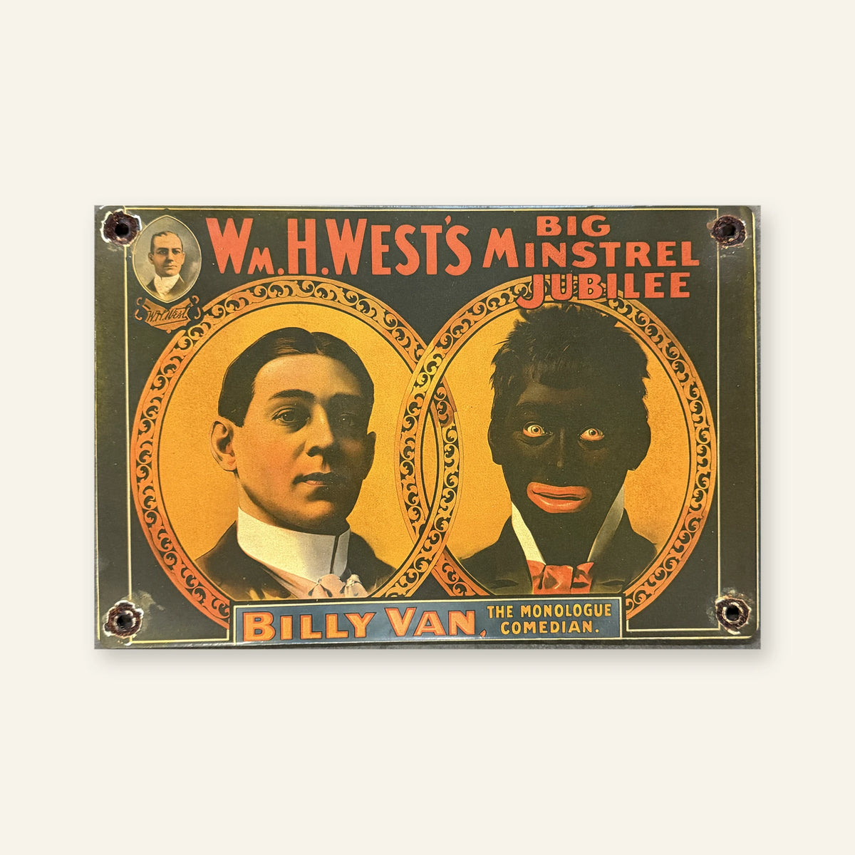 Targa smaltata rettangolare W.A.H. West's Minstrel Jubilee, vista frontale