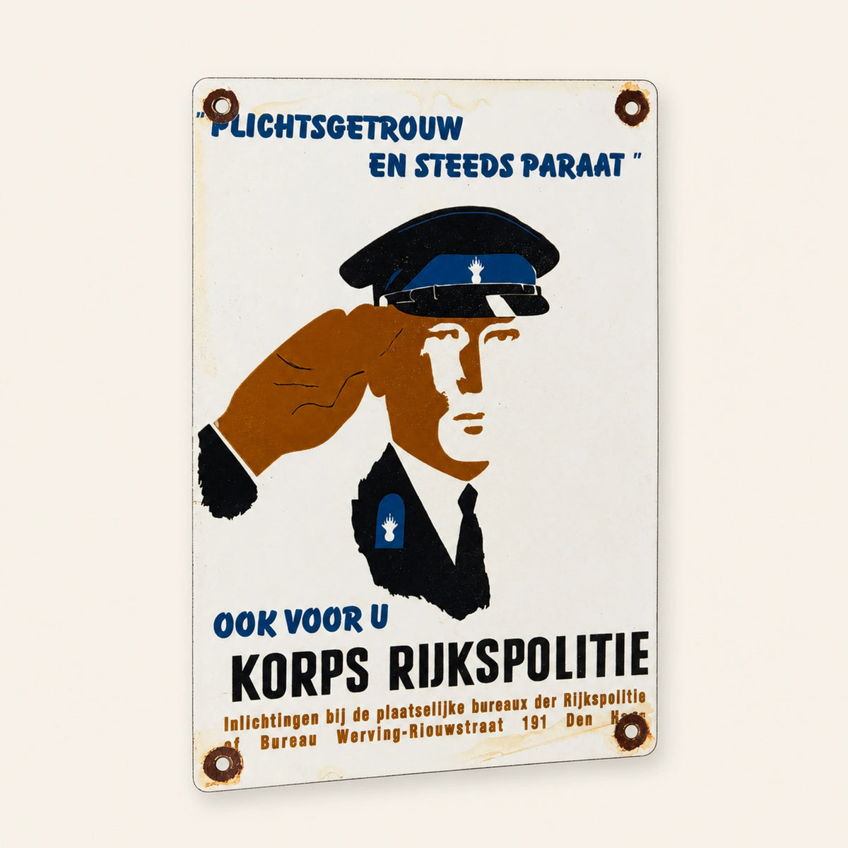Rectangular Rijkspolitie Lichtgetrouw enamel sign, front view