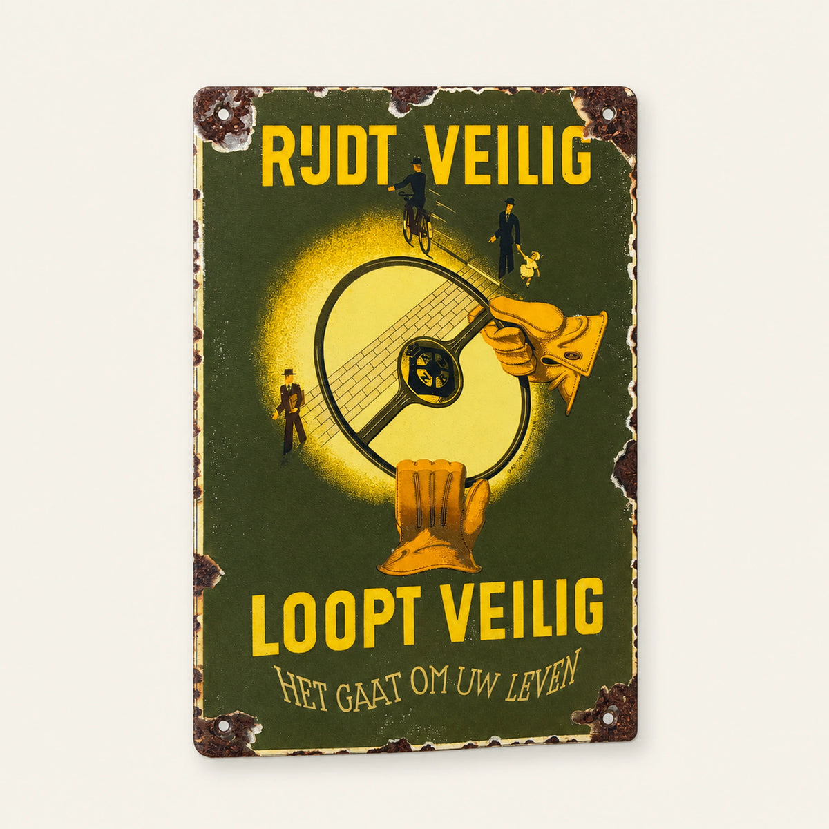 Rectangular Rijdt Veilig Loopt Veilig enamel sign, front view