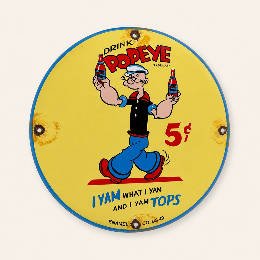 Rond Drink Popeye 5 Cent emaille bord, vooraanzicht
