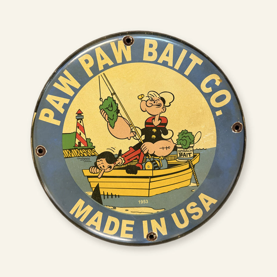 Rond Paw Paw Bait Co Made In USA emaille bord, vooraanzicht
