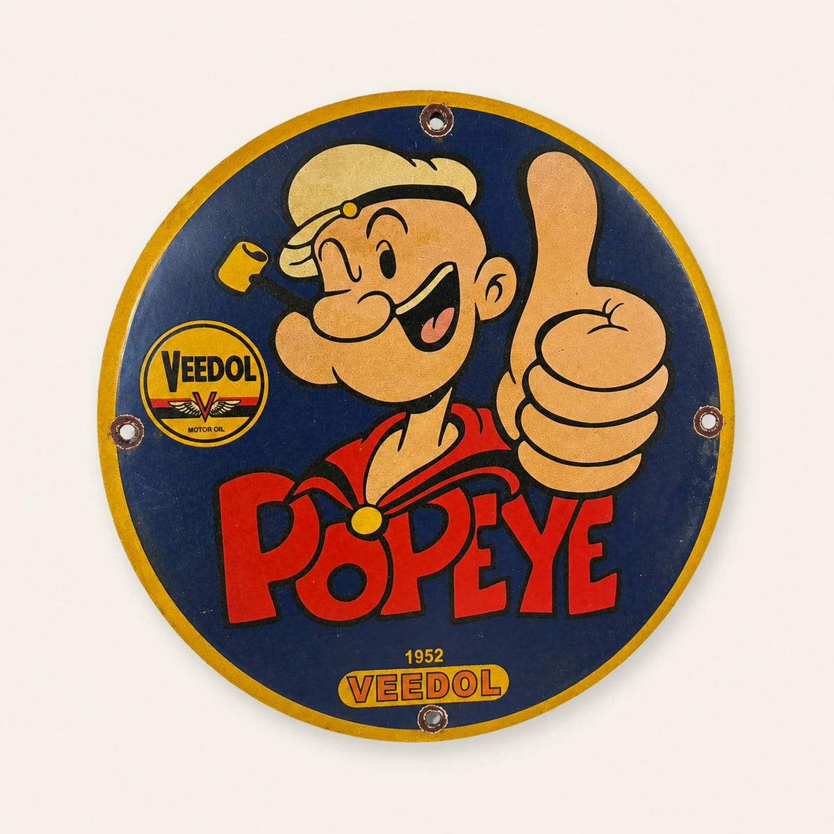 Round Popeye Veedol enamel sign, front view