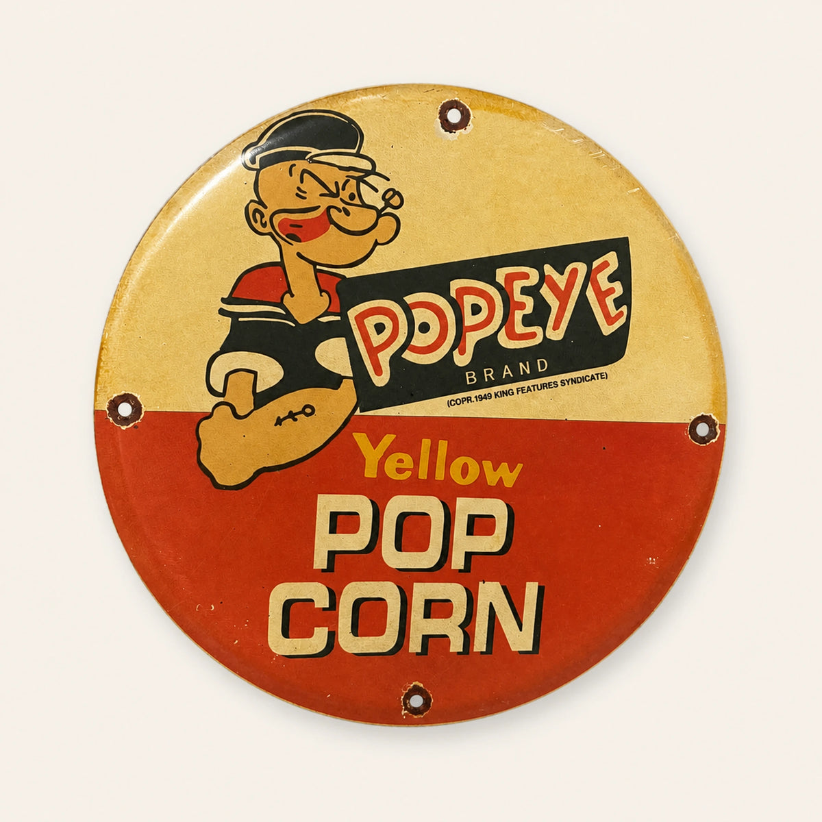 Round Popeye Yellow Popcorn enamel sign, front view