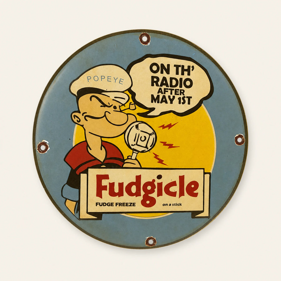 Rond Popeye Fudgicle emaille bord, vooraanzicht