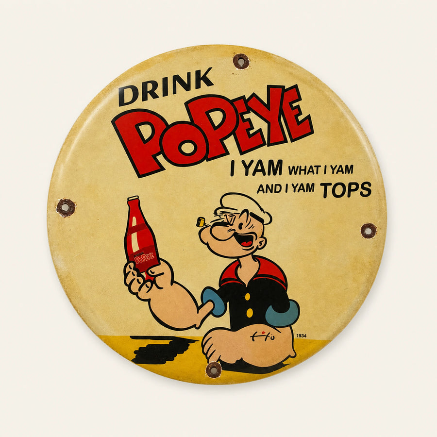 Rond Drink Popeye I Yam What I Yam emaille bord, vooraanzicht