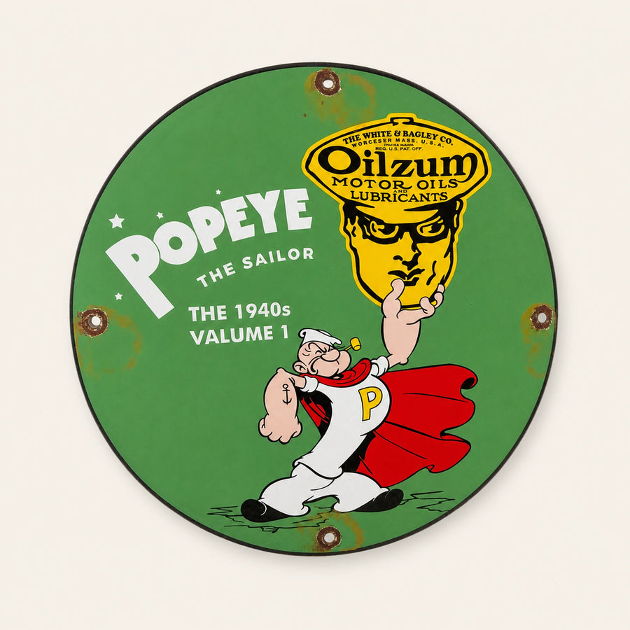 Rond Popeye Oilzum Motor Oils emaille bord, vooraanzicht