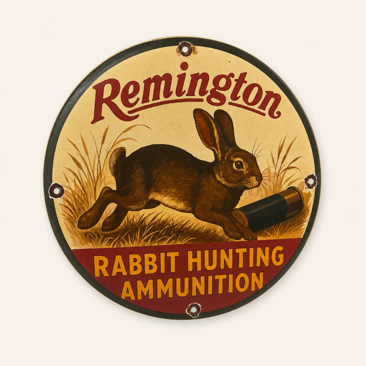 Cartel esmaltado redondo Remington Rabbit Hunting, vista frontal