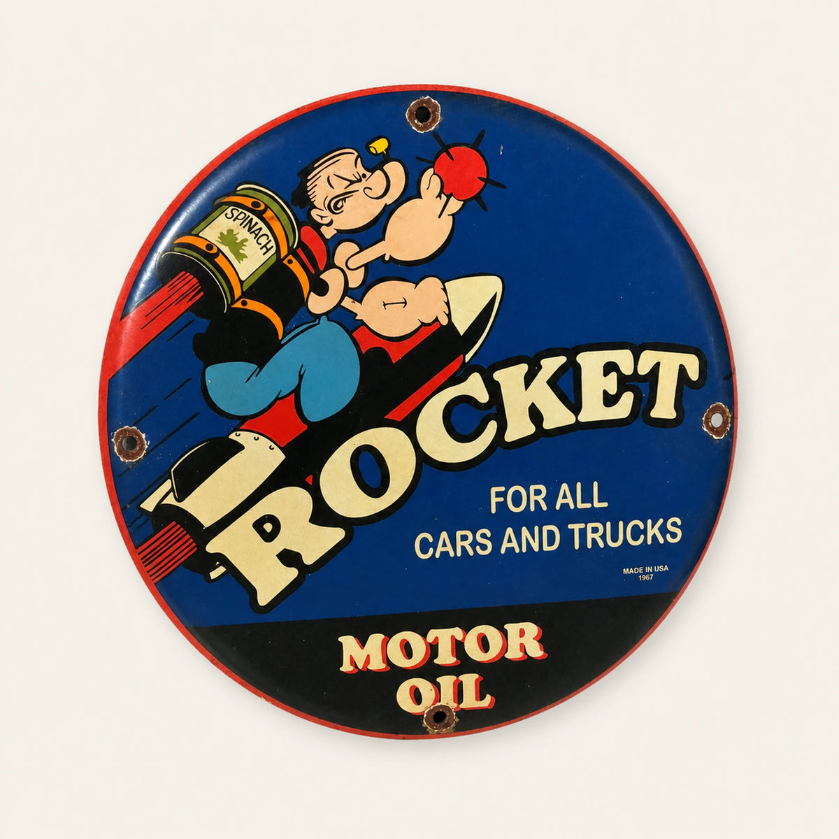 Round Rocket Motor Oil Popeye enamel sign, front view