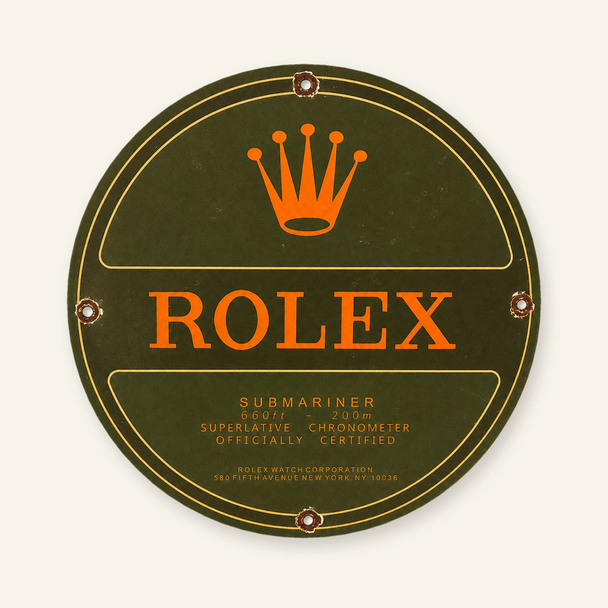 Round Rolex Submariner enamel sign in dark green and orange, front view