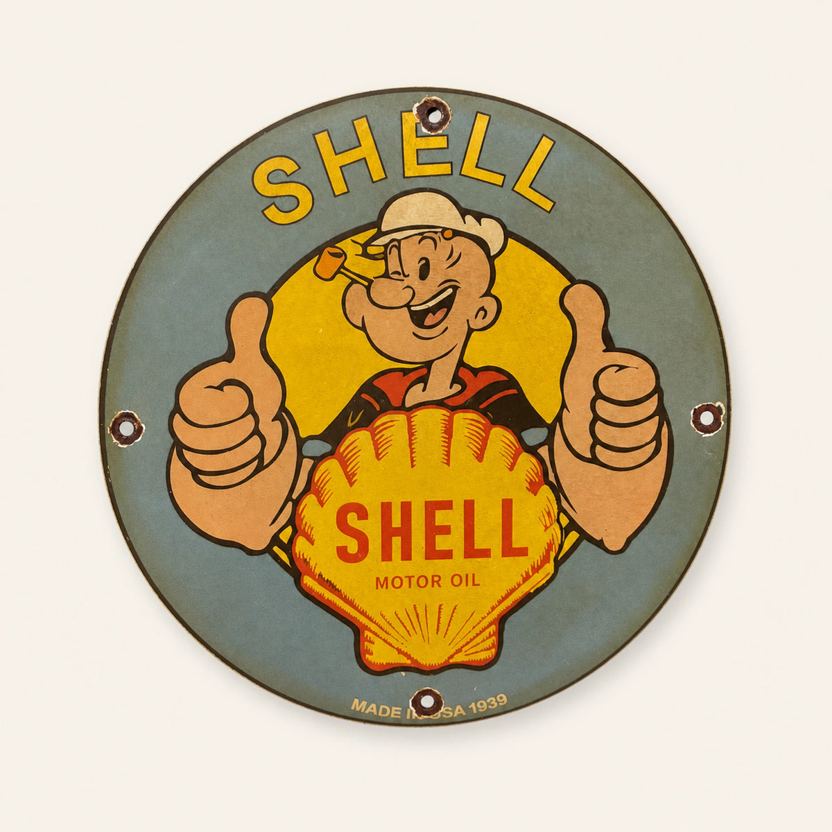 Targa smaltata rotonda Shell Motor Oil Popeye, vista frontale