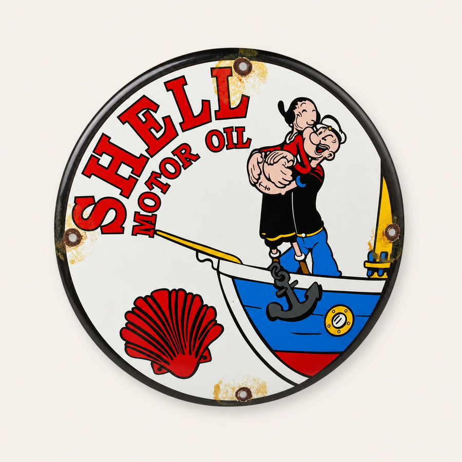 Rond Shell Motor Oil Popeye Boot emaille bord, vooraanzicht