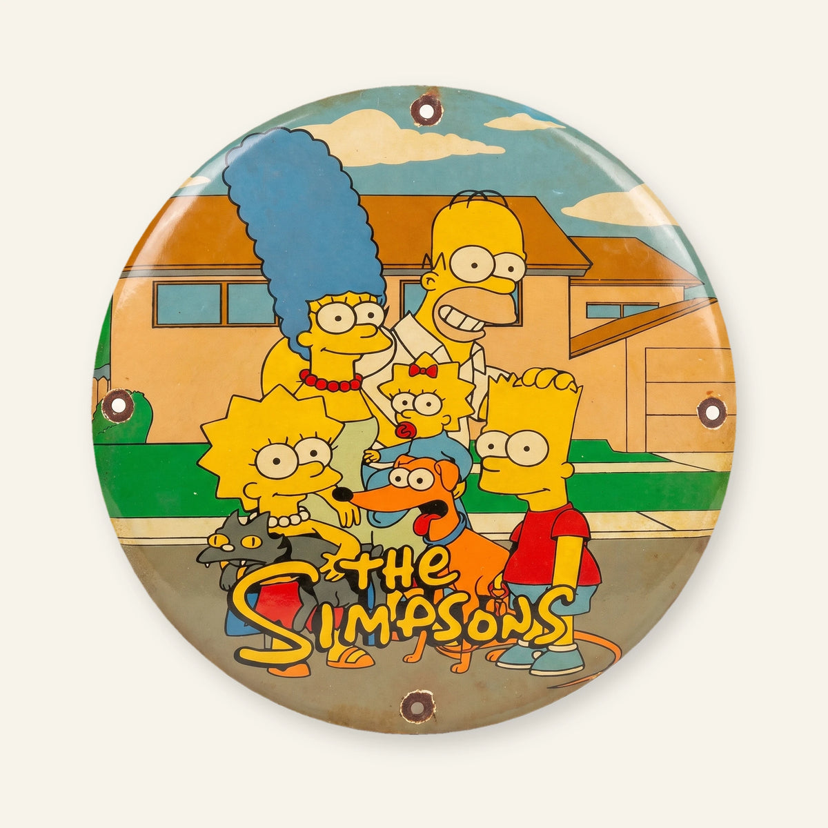 Rundes Emailleschild mit der Simpsons-Familie, Vorderansicht