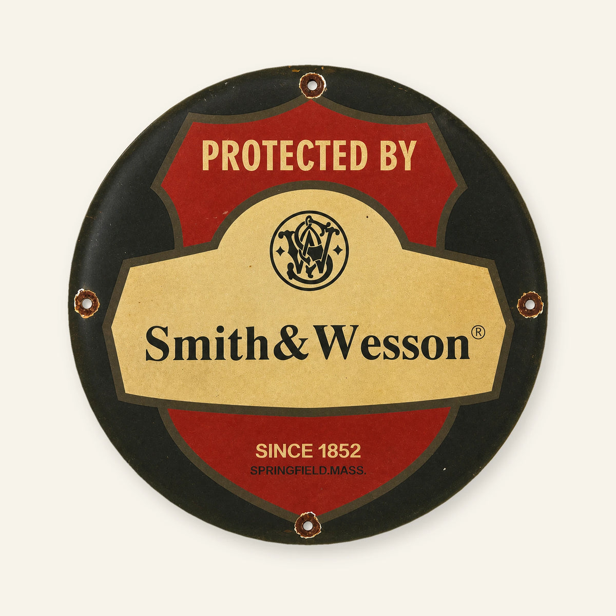Targa smaltata rotonda Smith & Wesson Protected By, vista frontale