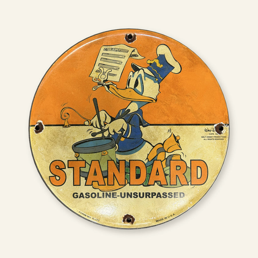 Rond Standard Gasoline Donald Duck emaille bord, vooraanzicht