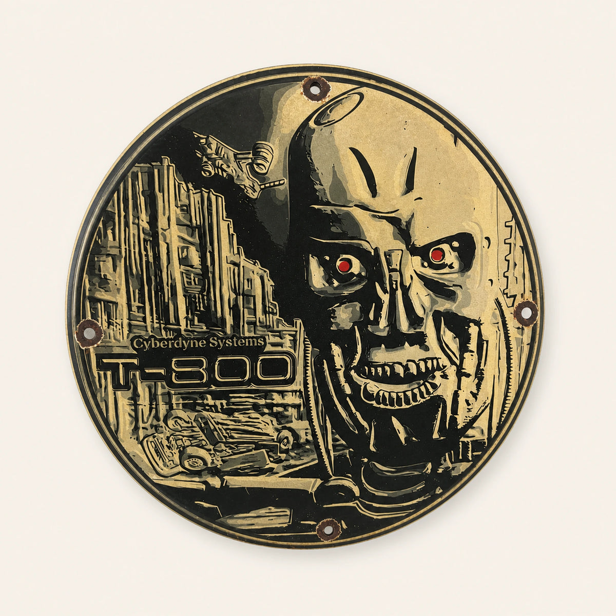 Rundes Terminator T-800-Emailleschild, Vorderansicht