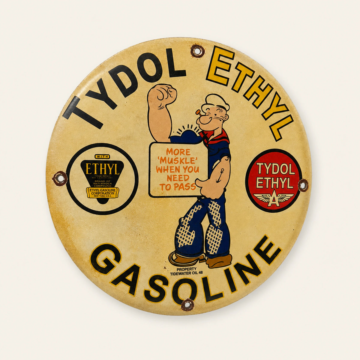 Targa smaltata rotonda Tydol Ethyl Gasoline Popeye, vista frontale