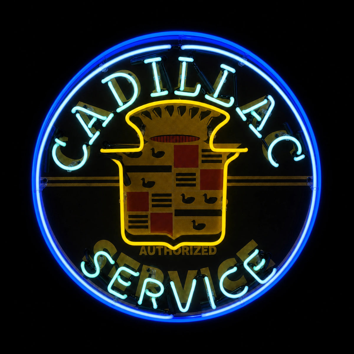 Plaque néon émaillée ronde Cadillac Authorized Service de 60 cm, éclairage allumé en bleu, blanc et jaune, vue de face