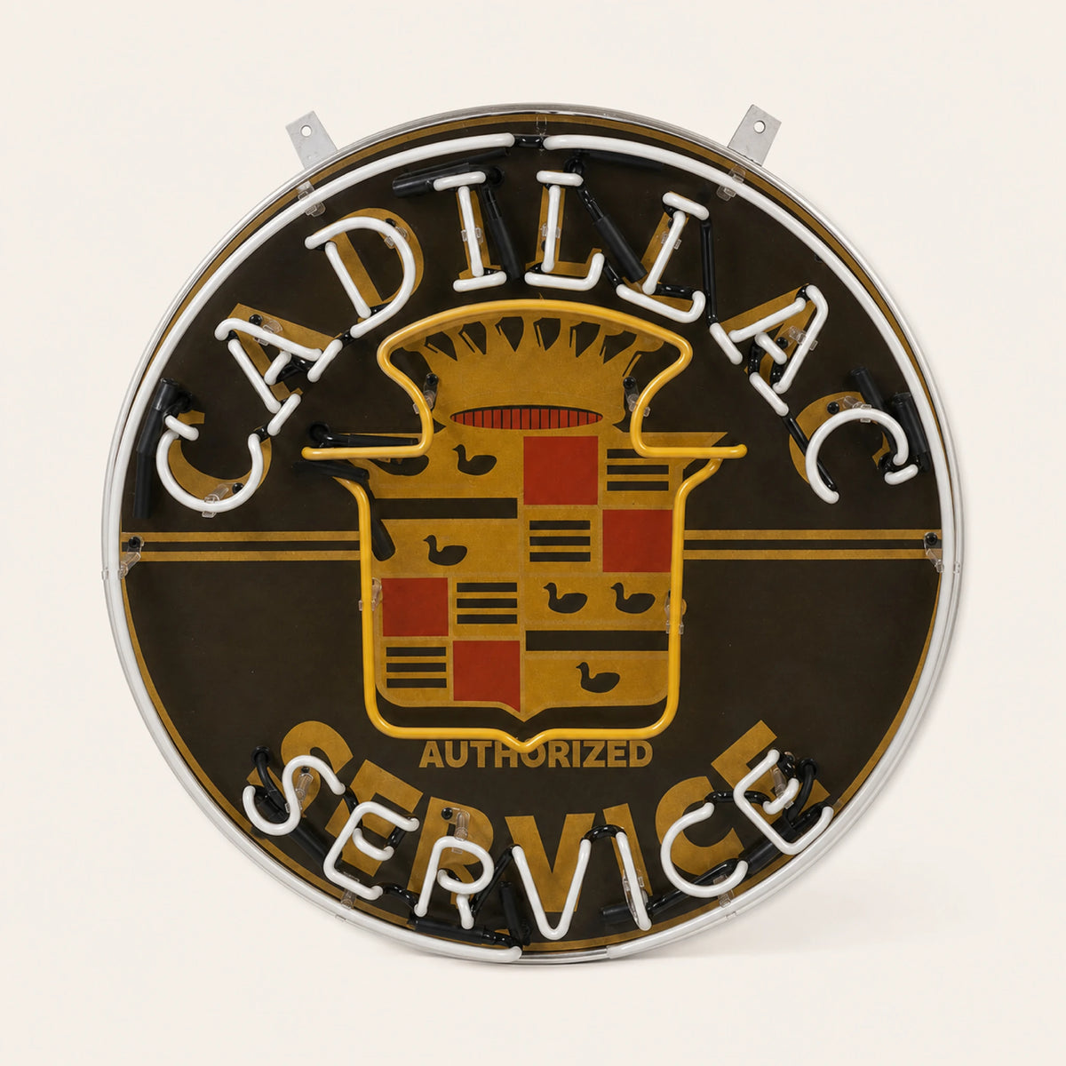 Plaque néon émaillée ronde Cadillac Authorized Service de 60 cm, éclairage éteint, vue de face