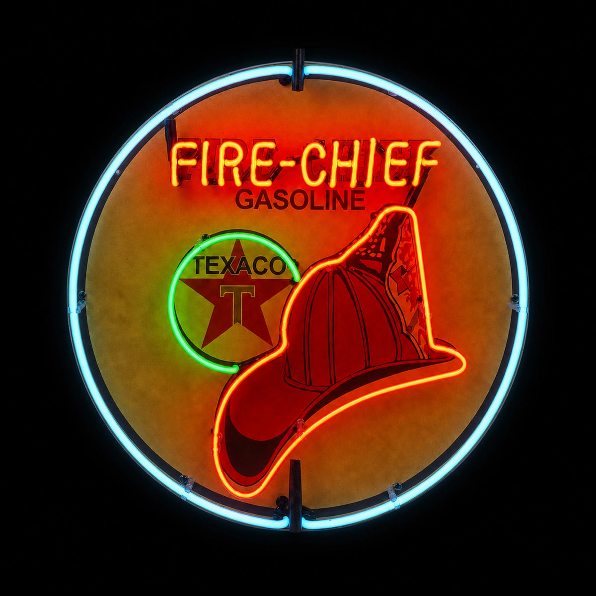 Insegna al neon smaltata rotonda Texaco Fire-Chief da 60 cm con luci accese in rosso, verde e bianco ciano, vista frontale
