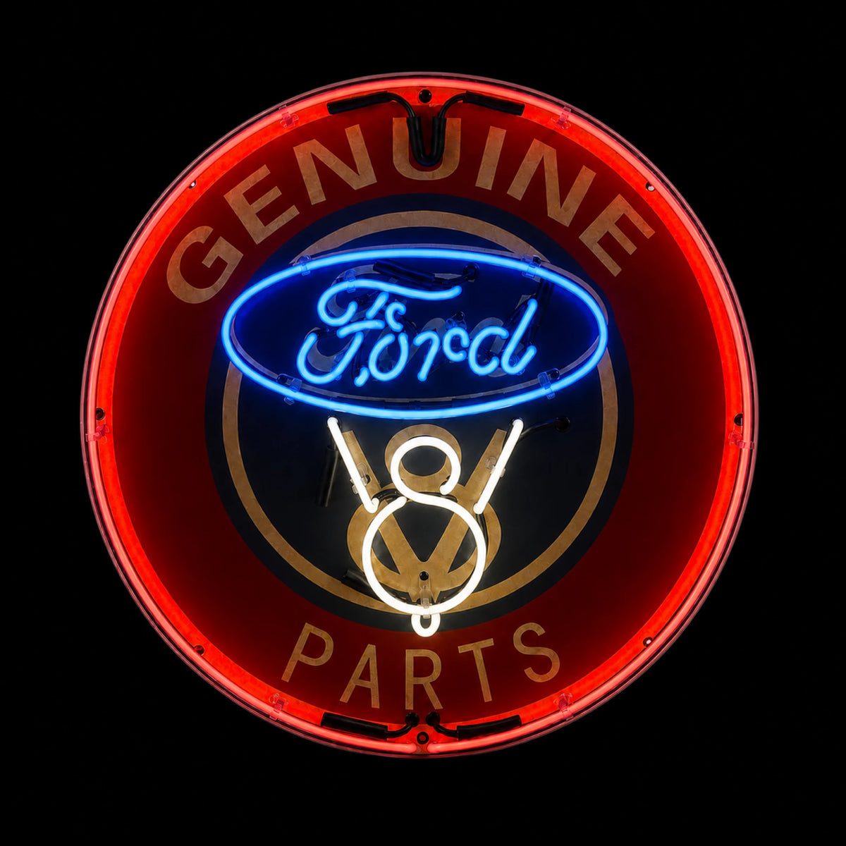 Plaque néon émaillée ronde Ford Genuine Parts V8 de 60 cm, éclairage allumé en rouge, bleu et blanc, vue de face