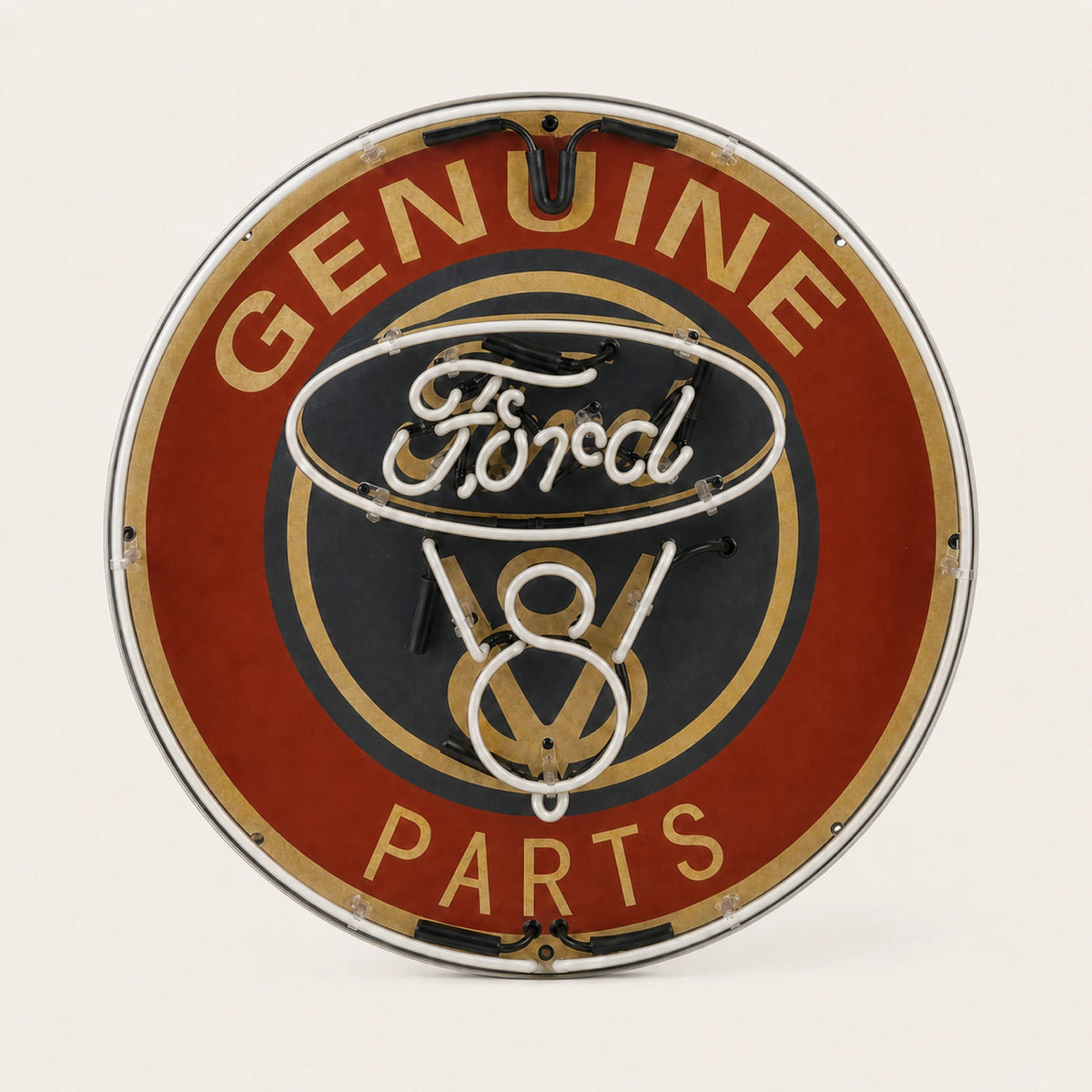 Plaque néon émaillée ronde Ford Genuine Parts V8 de 60 cm, éclairage éteint, vue de face