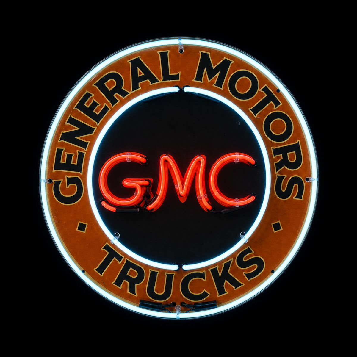 Round 60 cm General Motors Trucks GMC enamel neon sign with red and cyan-white lights on, front view