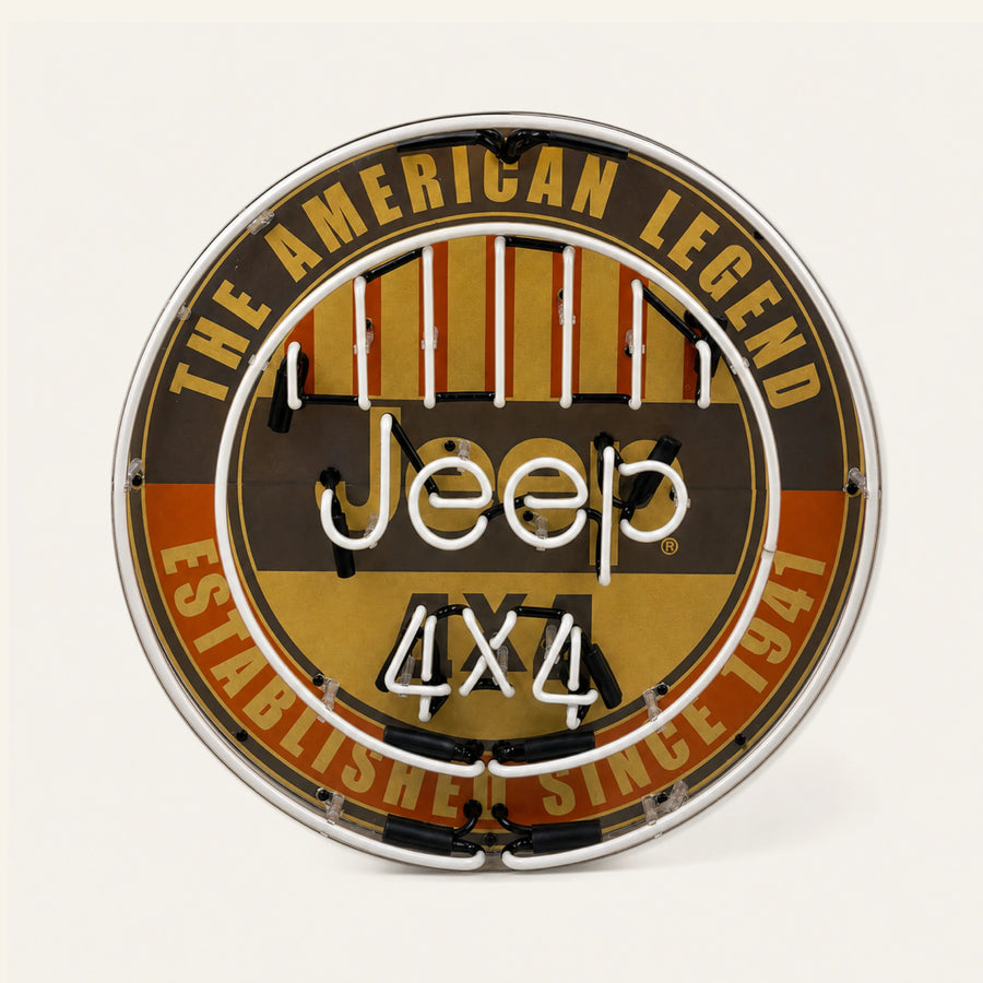 Rond Jeep American Legend 4x4 emaille neonbord van 60 cm met verlichting uit, vooraanzicht