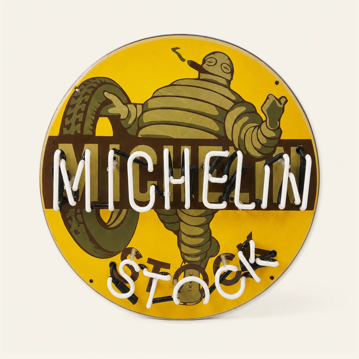 Round 60 cm Michelin enamel neon sign with lights off, front view
