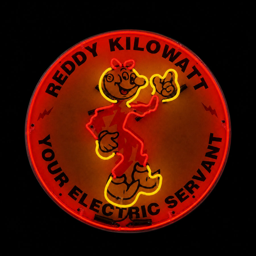Rond Reddy Kilowatt emaille neonbord van 60 cm met rode en gele verlichting aan, vooraanzicht