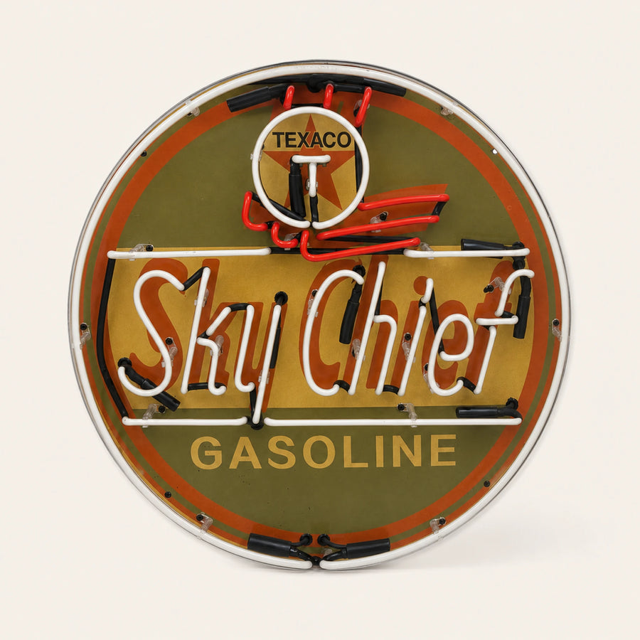Rond Texaco Sky Chief emaille neonbord van 60 cm met verlichting uit, vooraanzicht