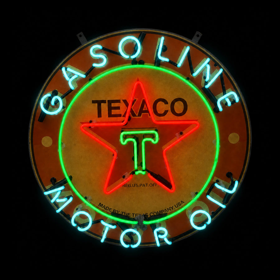 Rond Texaco Gasoline Motor Oil emaille neonbord van 60 cm met rode, groene en cyanewitte verlichting aan, vooraanzicht